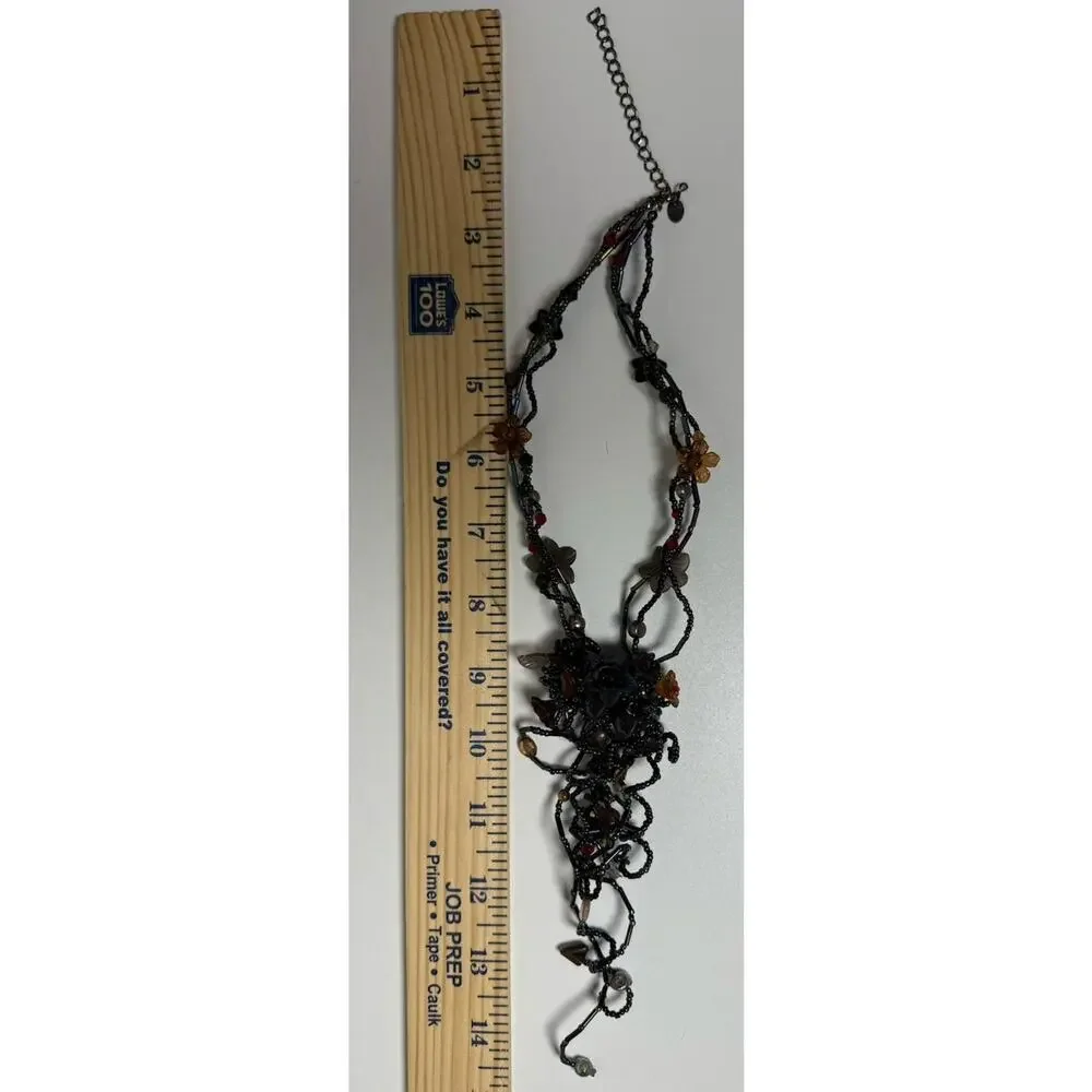 Vintage Artisan Wearable Art Beaded Floral Necklace Gunmetal Boho Gothic - Picture 8 of 8